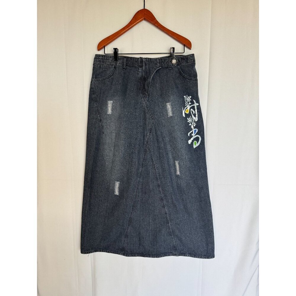 Vintage Y2k Style J Gray Cotton Painted Zig Zag Denim Maxi Skirt Size 14 Tall